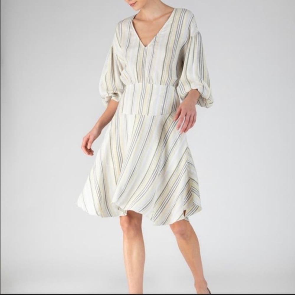 New ATM Handkerchief V-Neck Dress Multistripe Combo Linen Women's Size 10